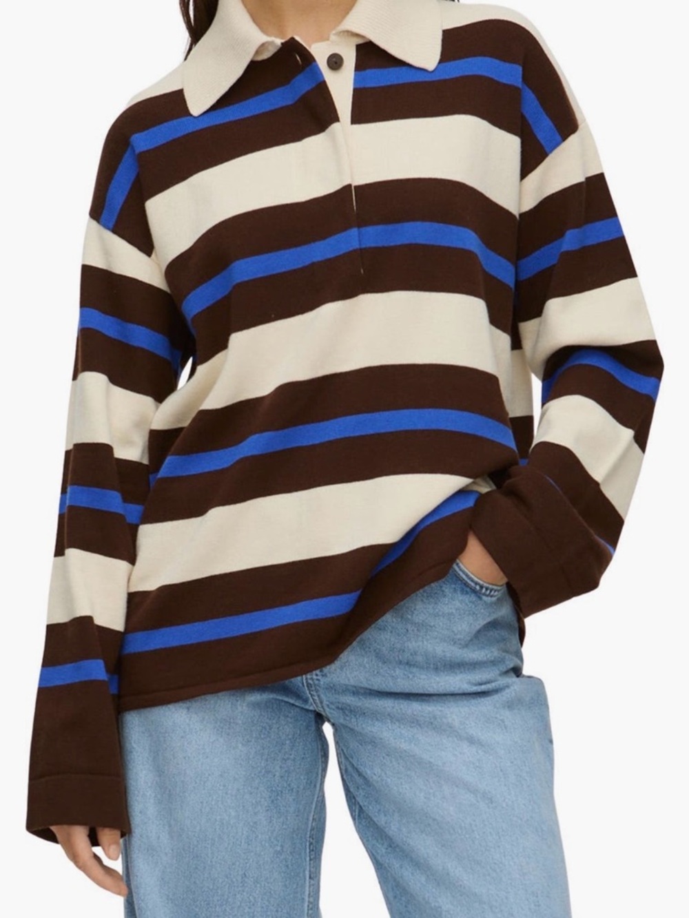 Aligne Women's Brown Ivory & Blue Striped Rugby Polo Top
